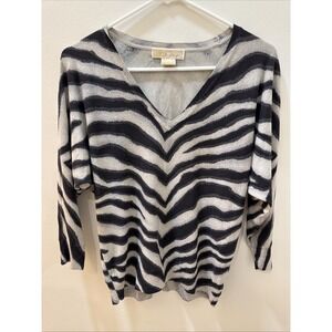 Michael Kors Zebra Print Sweater PS Petite Small V Neck 3/4 Sleeve